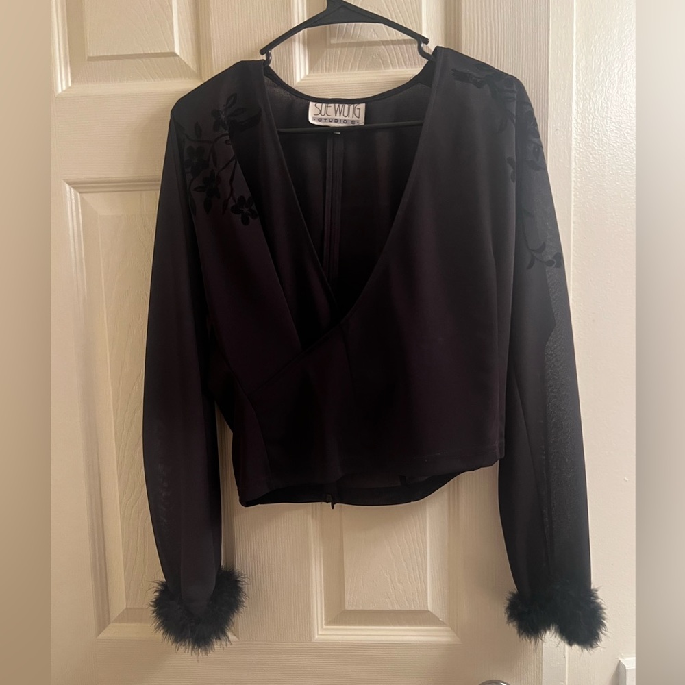 Black Sue Wong Fuzzy Fluffy Cuffs, Sheer Design